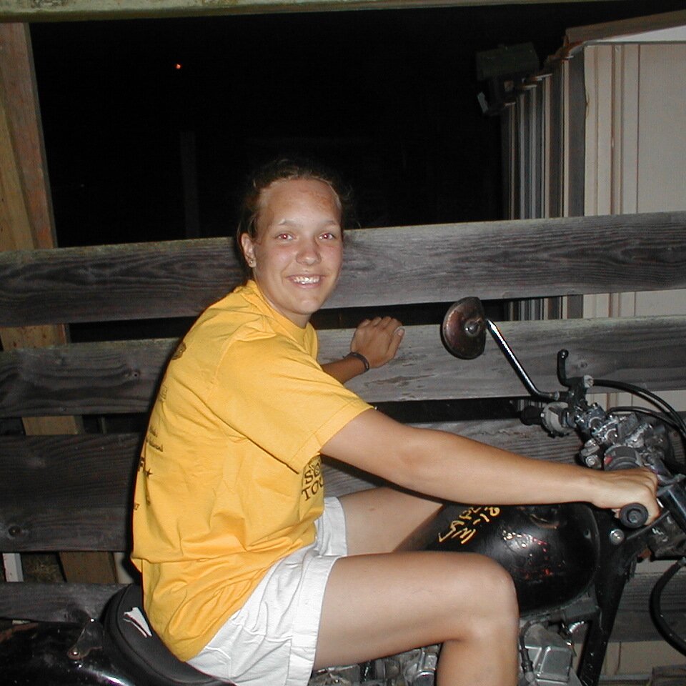 2000-06-27x20-46-24_Tracy_bike Tracy on Charlie's junker bike. At the house on Ferguson Drive in Mountain View CA. It's torn down now.
