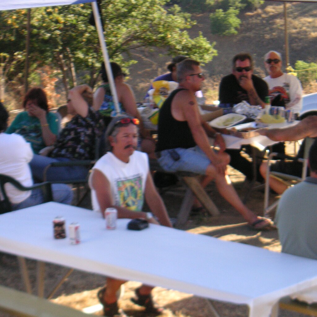 Don-s_wake_2006-07-15x18-43-55 Pracher (left) giving Sam Albert (center) the eyeball, at Don's wake at Charlie Jackson's home in the barn at 12780 Clayton Road, San Jose, CA. (It's a roofer...