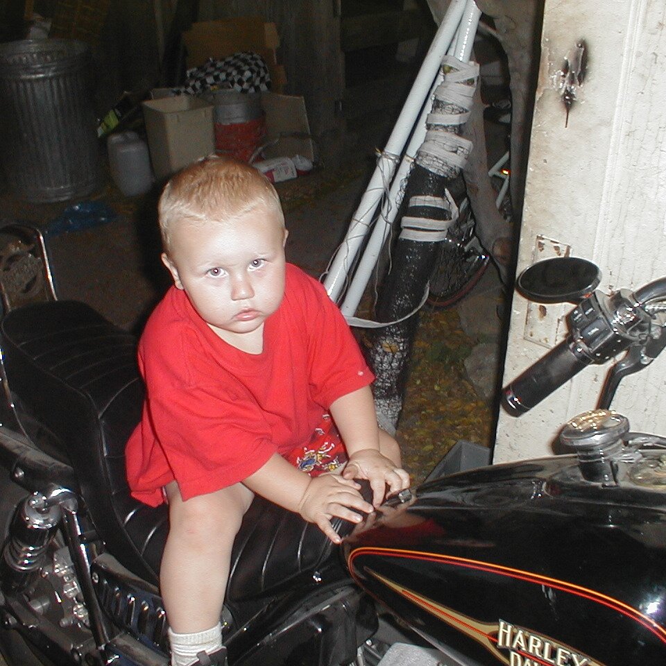 2000-06-12x20-40-05_toddler_Harley Free babysitting at Charlie Jackson's jam session, June 12th 2000, at his house in the barn at 12780 Clayton Road, San Jose, CA. (It's a roofer now.)